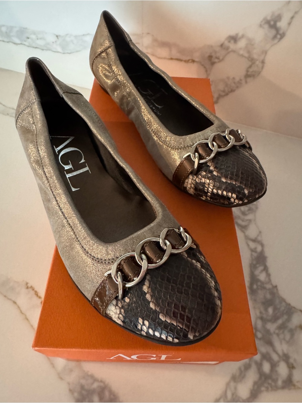 Attilio Giusti Leombruni Metallic Taupe and Brown Snakeskin Chain Ballet Flats
